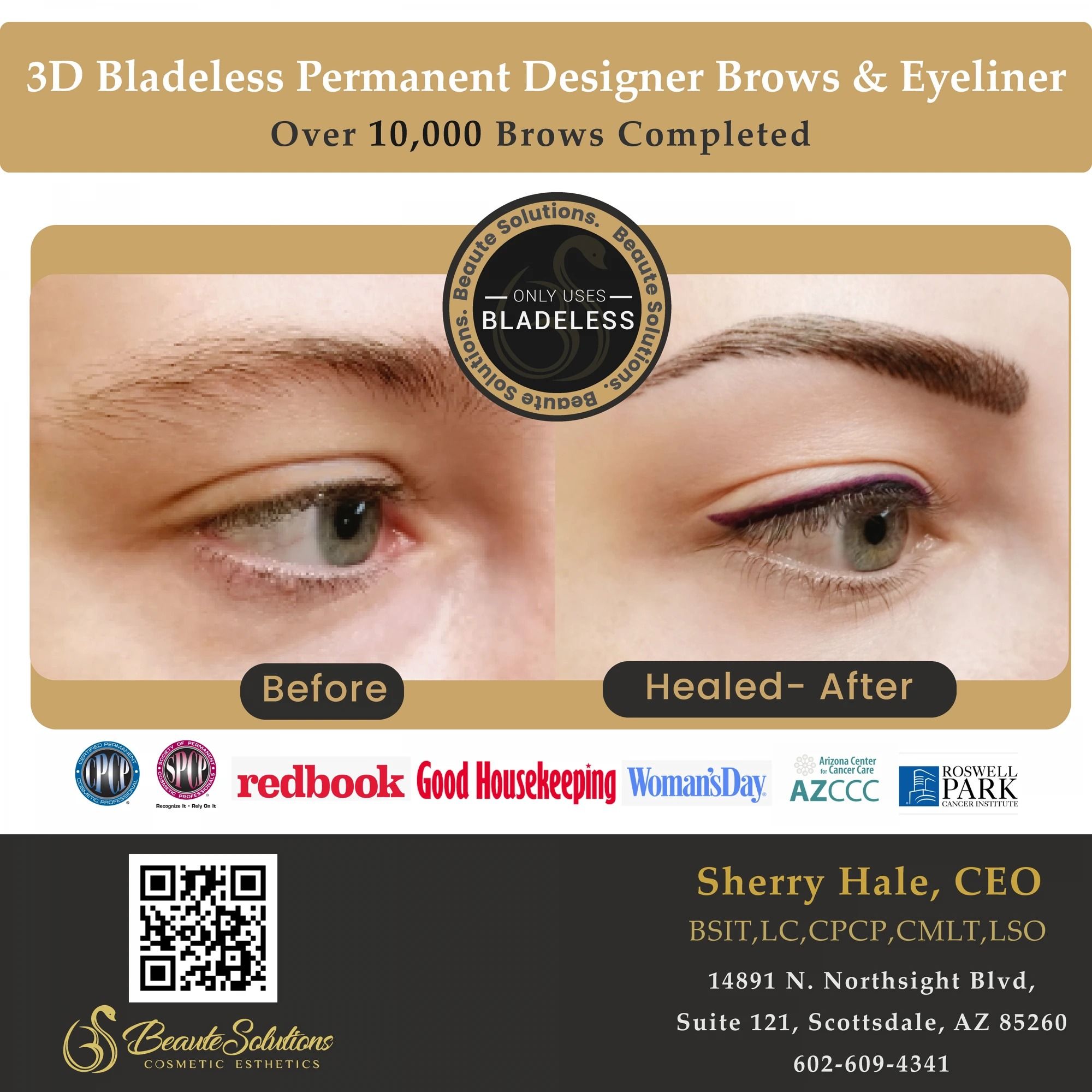 3D bladeless permanent designer brows & eyeliner — healed before & after