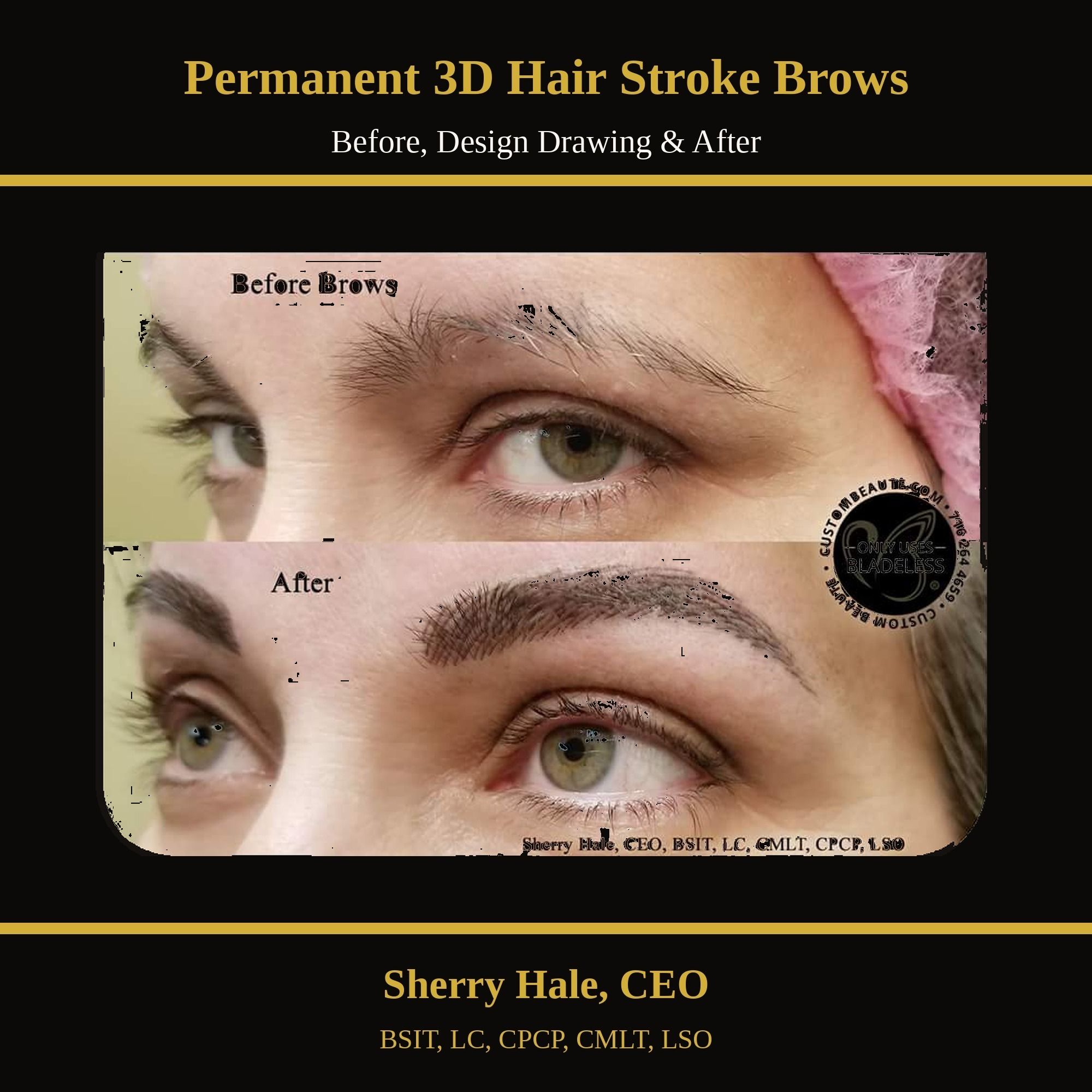 Permanent 3D hair stroke brows — before, design drawing & after