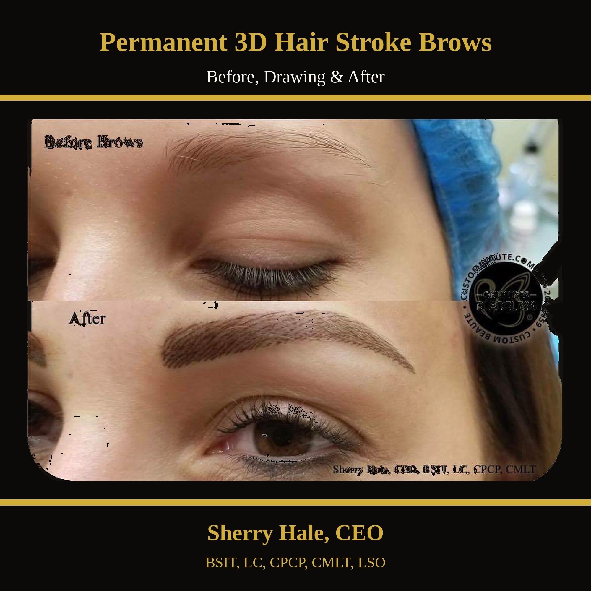 Permanent 3D hair stroke brows — before, drawing & after